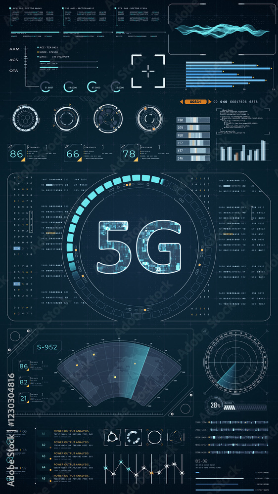Poster blue digital 5g letter logo with head up display (hud ui) panel and futuristic technology abstract b