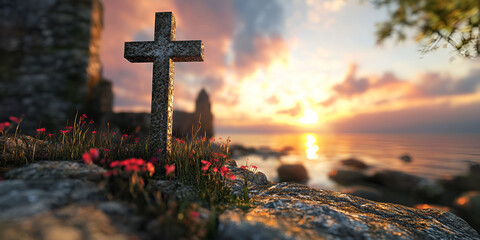  Easter spiritual scene with a cross at sunset, religious holiday concept