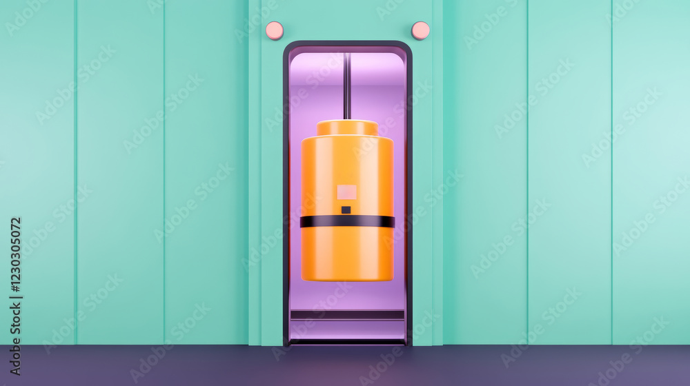 Aufkleber abstract 3d rendering of a yellow cylindrical object suspended within a teal colored minimalist elev