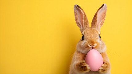 Obraz premium Cute fluffy Easter bunny holding a painted egg in his paws on a yellow background with space for text. Rabbit close-up, portrait shot. Easter spring card, invitation