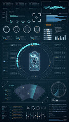 Blue digital battery logo with head up display (HUD UI) panel and futuristic technology abstract background  power reserve vertical