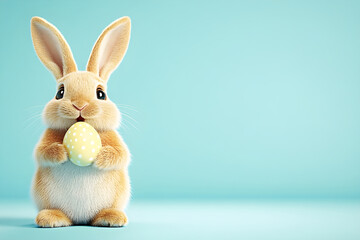Obraz premium Cute fluffy Easter bunny holding a painted egg in his paws on a light blue background with space for text. Rabbit close-up, portrait shot. Easter spring card, invitation
