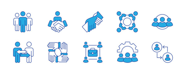 Team thin line icon set. Containing teamwork, group people, achievement, collaboration, cooperation, leadership, meeting, management, togetherness, organization. Vector illustration