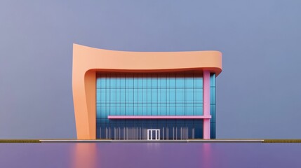 Fototapeta premium Abstract building rendering, pastel orange facade, teal glass windows, pink and dark blue accents, minimalist design, reflective surface, daytime setting.