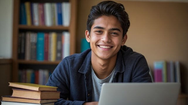 Happy college student studying with laptop and books in library.