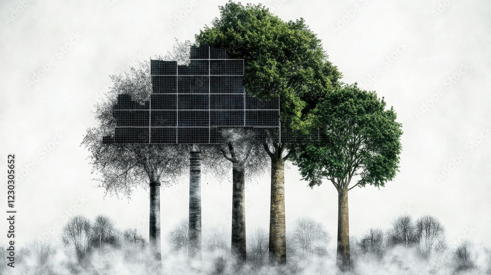 Poster abstract pixelated trees transitioning from grayscale to green