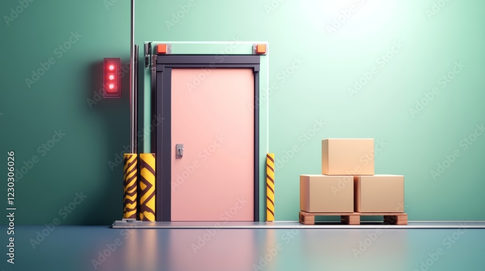 Poster pastel pink loading dock with cardboard boxes and minimalist design