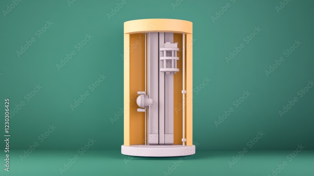 Aufkleber low poly 3d rendering of a tan cylindrical elevator with a small vehicle inside, set against a teal 