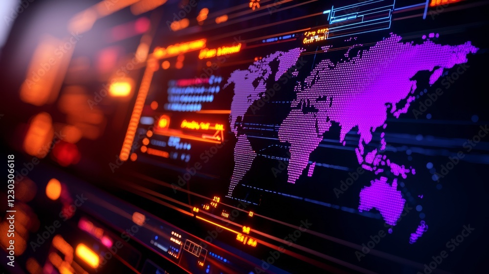 Aufkleber abstract digital world map on a glowing screen with orange and purple hues. futuristic data visualiz