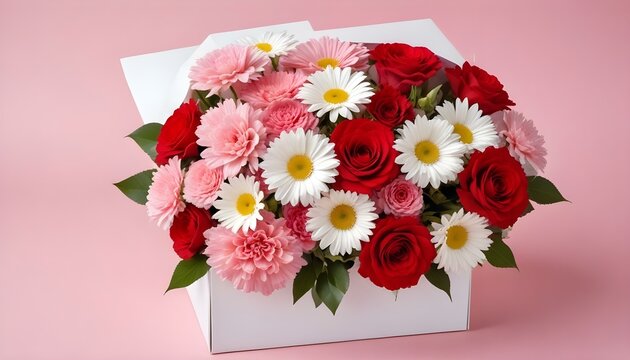 Un ramo de flores coloridas que incluyen rosas rojas, claveles rosados ​​y margaritas blancas en una caja de regalo blanca sobre un fondo rosa