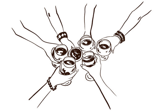 Hand drawn illustration of a friends gathering cheering with wine. A bunch of hands clinking wine glasses top view. New year eve celebration, social drinking, bar chart illustartion