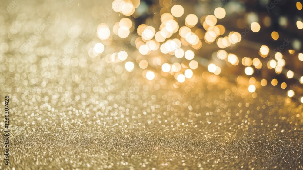 Poster Golden glitter bokeh background with sparkling lights creating a festive, luxurious ambiance.