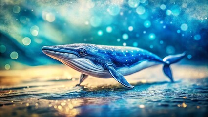 Fototapeta premium Miniature Blue Whale Watercolor Painting, Tilt-Shift Effect, Ocean Wildlife Art