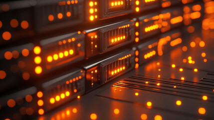 Digital data storage concept with glowing server and binary code minimalistic design bright tone modern technology with blurred background and empty caption space

