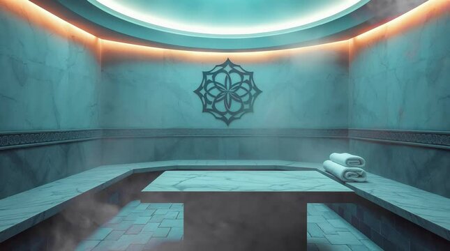 Steam billows in a luxurious hammam with blue marble trim 
