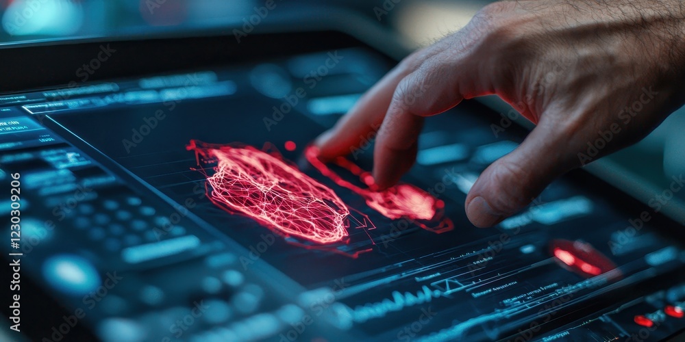 Poster hand interacting with futuristic data visualization