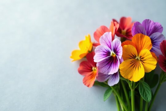 Colorful bundle of small pansey flowers on a light gray background, flowers, pansies, nature