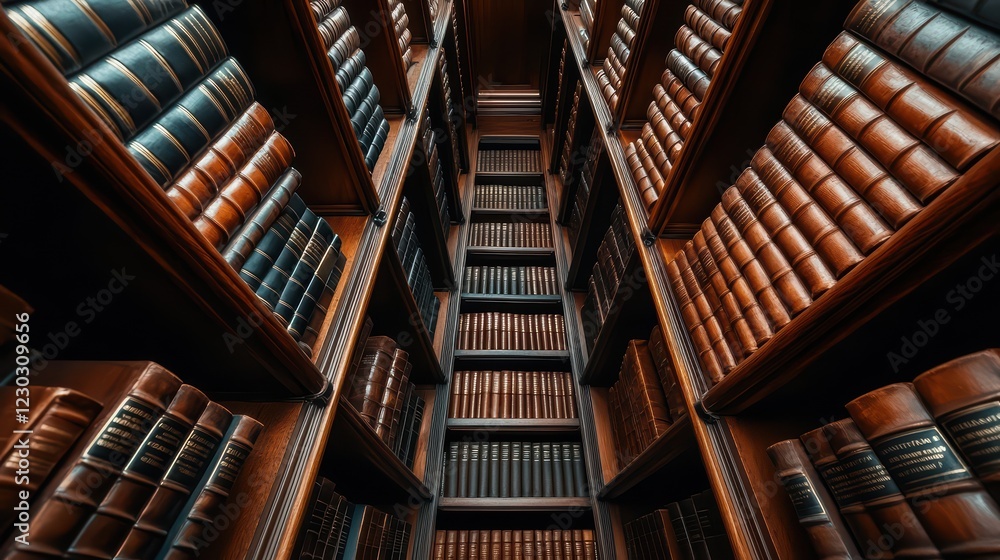Poster expansive library stacks with rows of leather-bound books