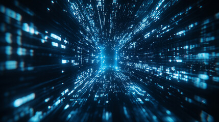 Digital data storage concept with glowing server and binary code minimalistic design bright tone modern technology with blurred background and empty caption space

