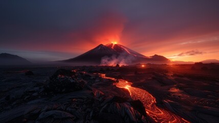 Fototapeta premium A dramatic volcano eruption, with glowing lava rivers flowing down its sides. The moonlight reflects off the smoke and ash, creating an ethereal and otherworldly atmosphere. Natural disaster.