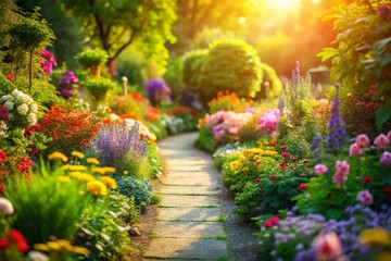 Fototapeta premium Miniature Garden Path: Blooming Flowers & Lush Greenery - Tilt-Shift Photography