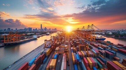 Obraz premium Sunset Over Busy Shipping Port