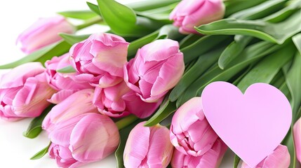 Obraz premium Pink tulips with a pink heart-shaped card 