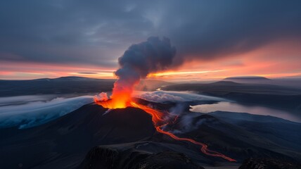 Fototapeta premium A dramatic volcano eruption, with glowing lava rivers flowing down its sides. The moonlight reflects off the smoke and ash, creating an ethereal and otherworldly atmosphere. Natural disaster.