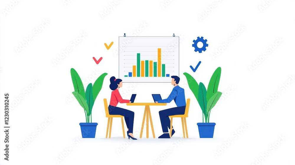 Poster two professionals discussing data insights in modern office setting