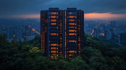 Digital data storage concept with glowing server and binary code minimalistic design bright tone modern technology with blurred background and empty caption space

