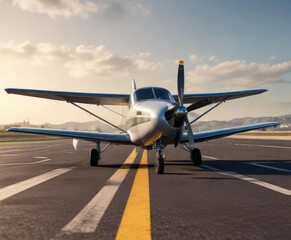 Small plane with spinning propeller on runway, plane, propeller