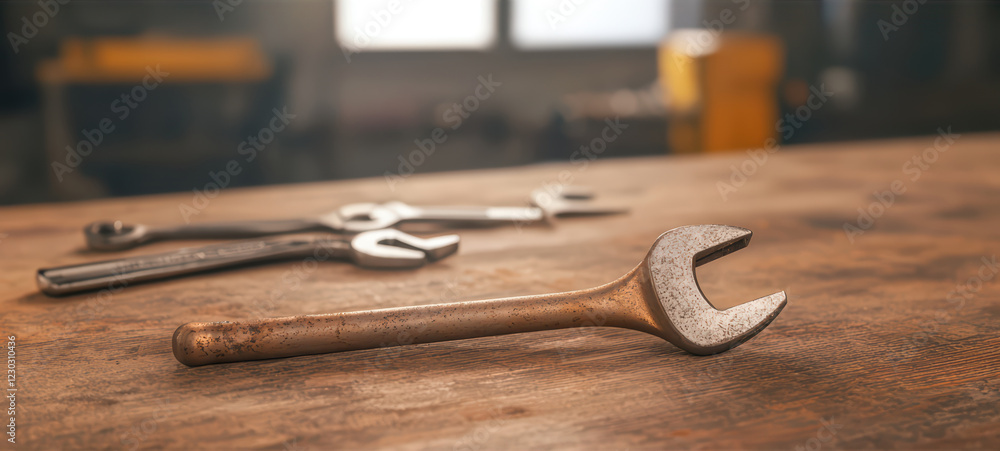 Poster close-up view of rusty wrench on wooden workbench in workshop