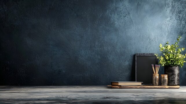 Minimalist workspace with wooden desk laptop computer office supplies and potted plant decor in a modern clutter free interior setting
