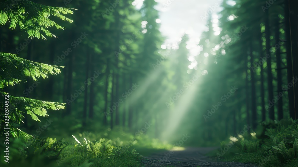 Poster serene forest path with sunlight filtering through tall trees