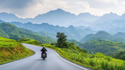 Scenic Motorcycle Ride Through Lush Mountains and Green Valleys