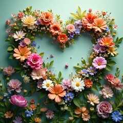 Floral bouquet in heart shape amidst lush summer wildflowers, flowers, garden, delicate