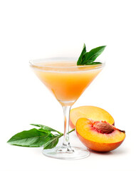 Fototapeta premium Classic Italian alcoholic cocktail bellini with champagne, peach on white background. Summer alcoholic drinks, bar menu.