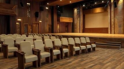 Interior view of a spacious theater with wooden accents.
