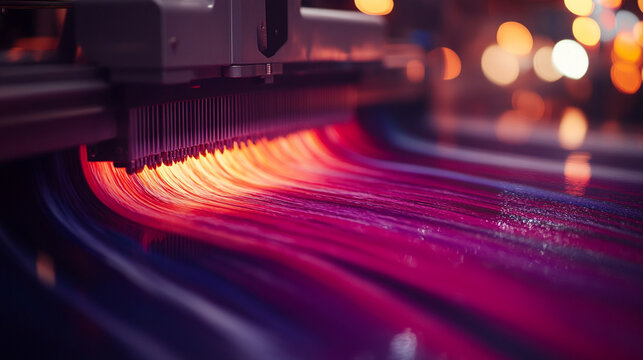 DTF printer applying vibrant colors on fabric showcasing precision and innovation in textile printing minimalistic bright tone modern blurred empty caption space on the side