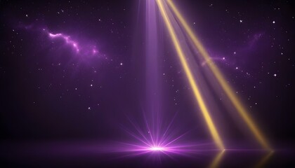 Fototapeta premium Rayos de luz morados y amarillos brillantes que brillan desde la parte superior del marco contra un fondo oscuro y estrellado