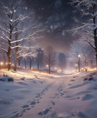 Snowy landscape with glittering snowflakes and festive lights, snowflakes, christmas decorations