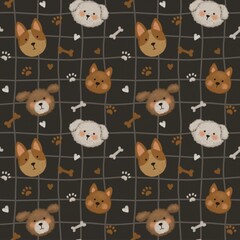 Cute cartoon dogs nursery seamless pattern, puppy faces, raw, bone, grids, dark background