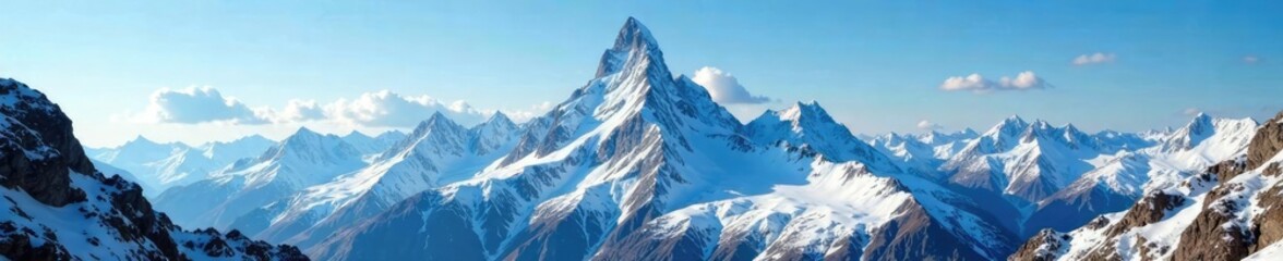 Snowy mountain peaks rising high in the sky with clouds, rocky terrain, snowy mountains