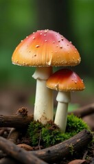 Fototapeta premium Fresh champignon mushrooms sit among wooden twigs, champignon, fungi, fresh
