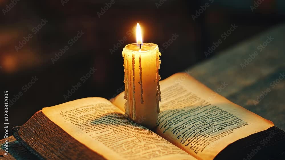 Poster candlelight illuminating ancient text on an open book in a study environment, a candle above on open