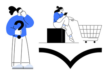 One person standing holding a large question mark, another sitting on a box next to a shopping cart, both in blue and black. Ideal for decision-making, problem-solving, contemplation, consumer