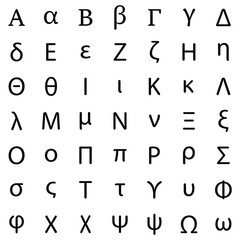 Greek alphabet letters black icon set, vector illustrator

