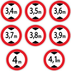 Nine height limit traffic signs displaying different heights from 3,4 meters to 4,1 meters, isolated on a white background