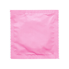A vibrant matte pink sealed foil condom wrapper isolated on a clean white background, ideal for health, safe sex, and lifestyle-related stock photography
