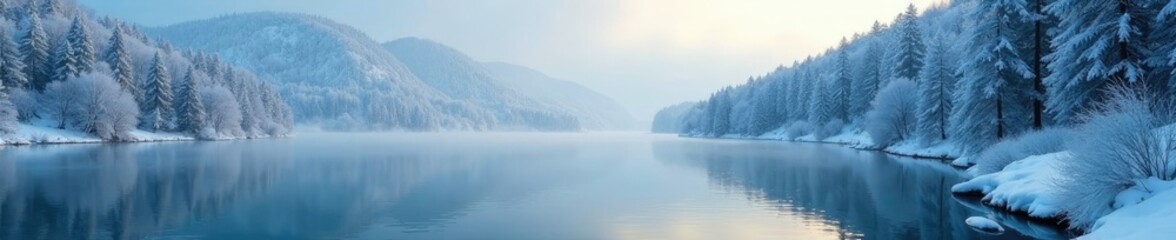 Fototapeta premium Frosty lake scene in a forest with trees and snow-covered hills, snow, water, lake